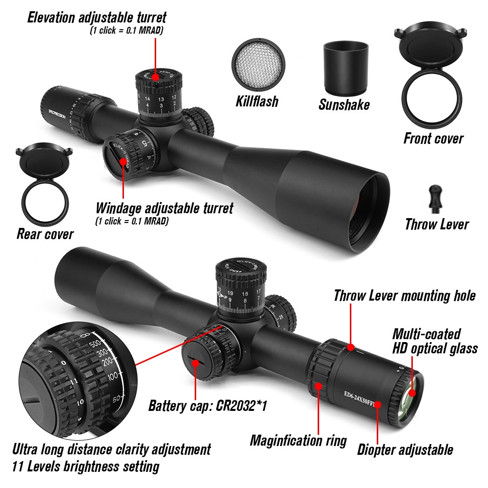 SPECPRECISION ED 6-24X50mm 34mm Tube FFP Riflescope Zero stop MARD reticle Black Color