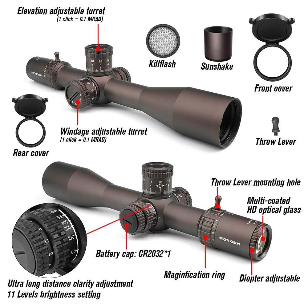 SPECPRECISION ED 6-24X50mm Lunette FFP tube 34mm, éclairage rouge, butée de zéro, réticule MARD, FDE SPECPRECISION ED 6-24X50mm Lunette FFP tube 34mm, éclairage rouge, butée de zéro, réticule MARD, FDE