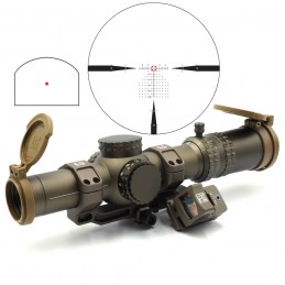 ATACR 1-8 24mm FFP LPVO 라이플스코프 밀 스펙 버전. C1 오프셋 마운트 및 RMR 레드 닷 사이트 FDE 컬러 콤보가 포함된 레플리카