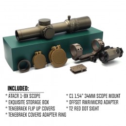 Evolution gear ATACR 1-8 24mm FFP LPVO, réplica militar con montura desplazada C1 y T2rds, conjunto FDE
